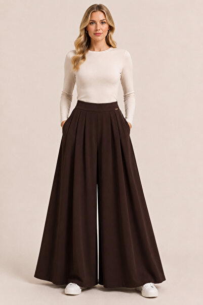 Famelin Comfortable Wide Leg Brown Trousers with Elastic Waist 1620