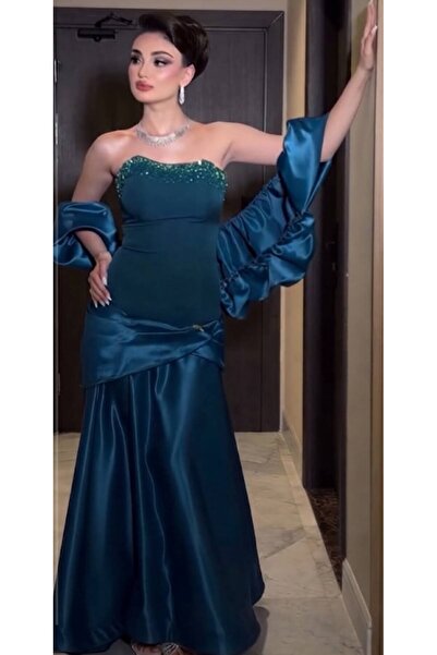 NALA FASHION Luxury Evening Dress in Petrol Satin
