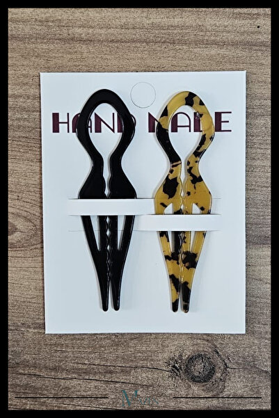 MAZEN 2 Adet Damla Model Hairpin Saç Topuz Tokası Çubuk Toka Siyah Leopar 11 cm