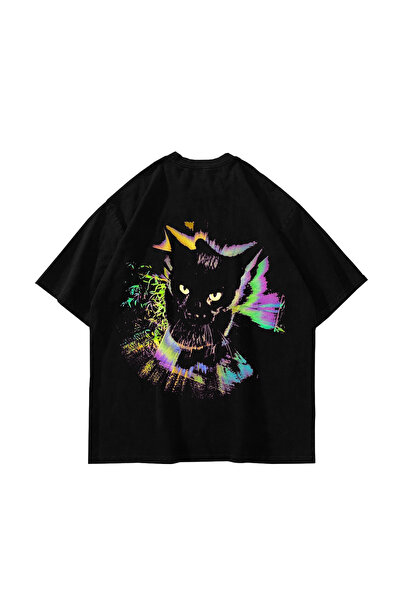 Sekizbiraltı Neon Glitch Cat Baskılı Oversize Unisex Siyah Tshirt