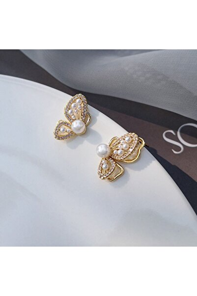 Glamluxe Zircon Stone Embellished Pearl Butterfly Design Earrings - Stylish W...