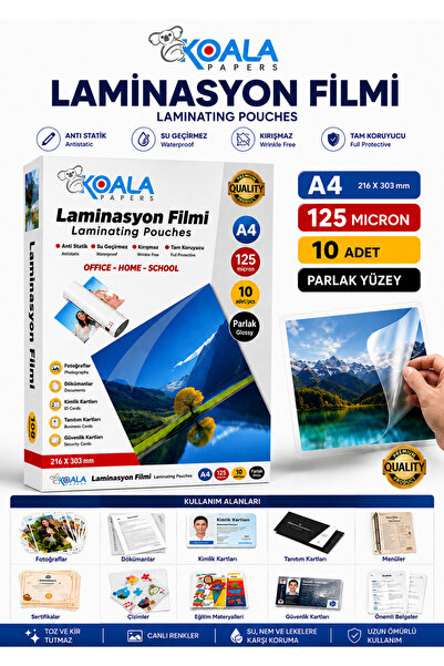 Koala A4 125 Mikron 10 Adet Laminasyon Filmi Öğretmen Çalışma Kağıdı Koruma
