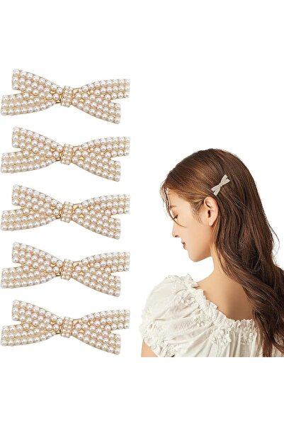 Tazweeq 5 Pcs Pearl Bow Hair Clips, Duckbill Gold Hair Pins Hair Accessories,...
