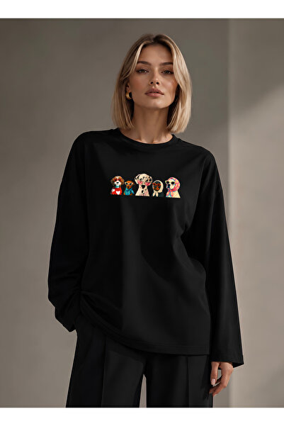 Grafftee Clothing Suerte Cute Dog Printed Oversize Women's Long Sleeve T-Shir...