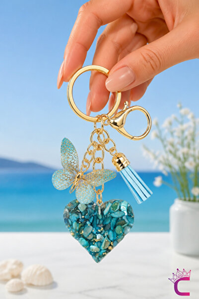 Cinderella Blue Butterfly Turquoise Cracked Stone Heart Tassel Bag Ornament K...