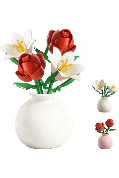 GENERAL Building Blocks Flower Set, DIY Rose and Lily Bouquet with Ceramic Va...