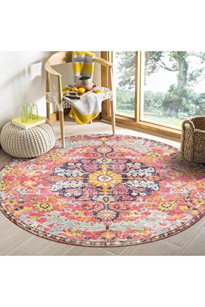 HZYH 4Ft Round Bohemian Floral Medallion Area Rug, Hot Pink Soft Faux Wool Tu...