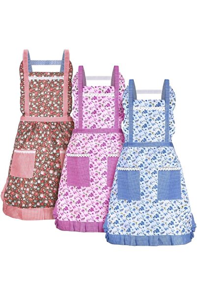 TERRIFI 3 Pcs Women Floral Aprons with Pockets, Soft Peach Skin Velvet Kitche...