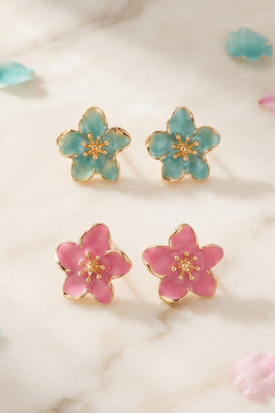 AURRARİ Water Green and Pink Sakura Flower Set of 2 Earrings