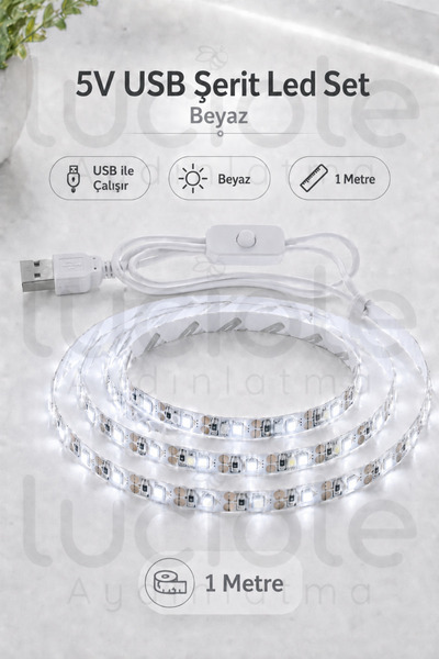 luciole 5V USB Şerit LED 1 Metre Beyaz Işık Anahtarlı Powerbank Uyumlu Tezgah...