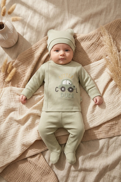 Babycan Sage Green Cotton 3-Piece Baby Set - Little Cool Dude Embroidered Kim...