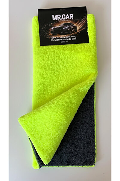 Double Mikrofiber Araç Kurulama Bezi 600 GSM 50x60 cm Oto Yıkama Havlusu Çift Taraflı Siyah-Fosforlu Yeşil