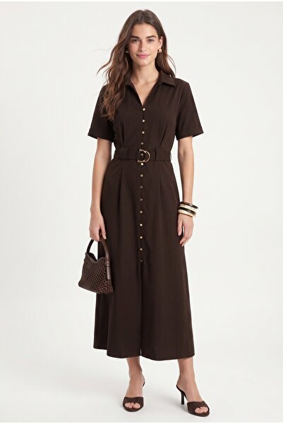 Ritnice Women's New Alisa Belted Gold Buttoned Long Woven Brown Shirt Dress