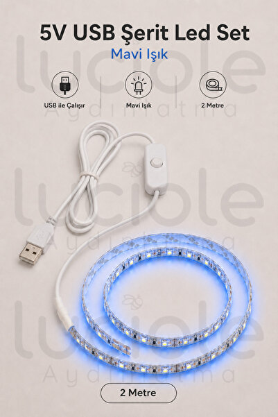 luciole 2 Metre 5V USB Mavi Şerit LED Anahtarlı Gaming Masa TV Arkası Powerbank Dekoratif Aydınlatma