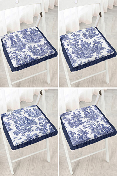 Realhomes Blue and White Toile De Jouy 4-Piece Fringed Zippered Chair Cushion...