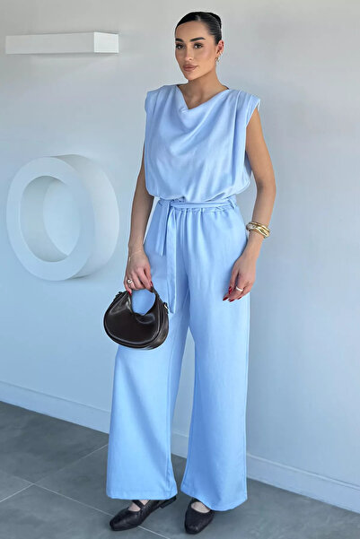 Aryena Blue Women's Degaje Collar Shoulder Padded Elastic Waist Jumpsuit