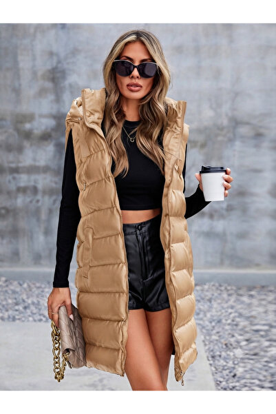 ladyzey Women's Tan Hooded Faux Leather Long Vest