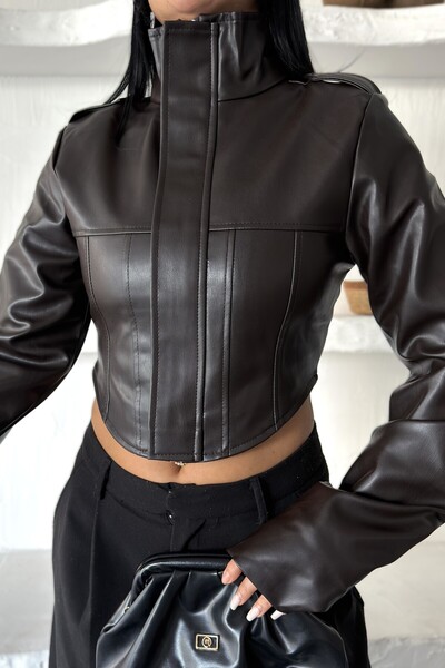 mega lucky Premium Women's Corset Detailed Stand Collar Cropped Biker Leather Jacket