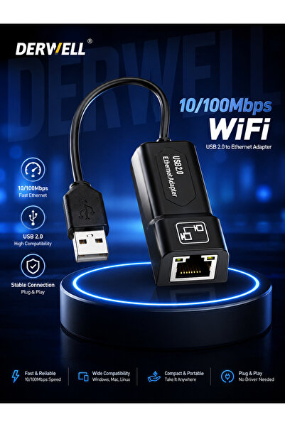 Derwell Yeni 2026 USB 2.0 Ethernet Ağ Kartı Adaptörü - 10/100 Mbps RJ45 Kablo...