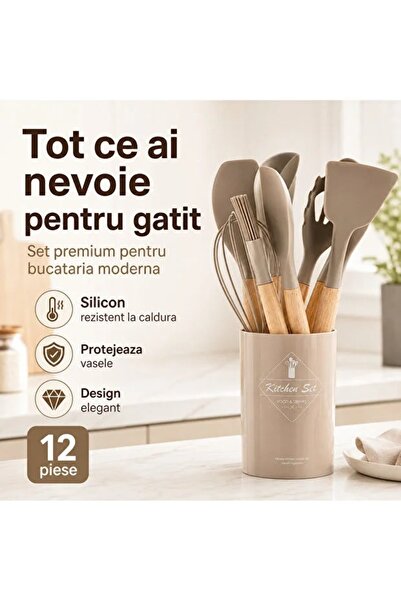 iTin Set Ustensile Bucatarie din Silicon termorezistent Bej, 12 Piese, Maner ...