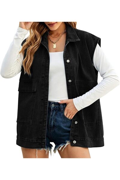 Generic Women's Sleeveless Distressed Jean Vest Casual Layering Oversized Den...