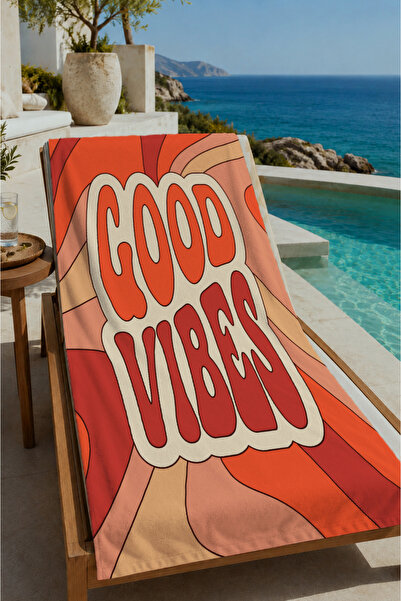 Evmila Orange Retro Good Vibes Written Wavy Patterned 70X150 Beach Towel - Di...
