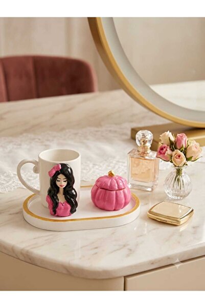 Dekor köşesi Handmade Design Pink Ribbon Girl Figured Ceramic Cup and Present...