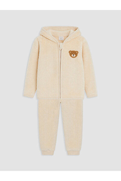 LC Waikiki Lcw Baby Beige Embroidered Hooded Baby Boy Set