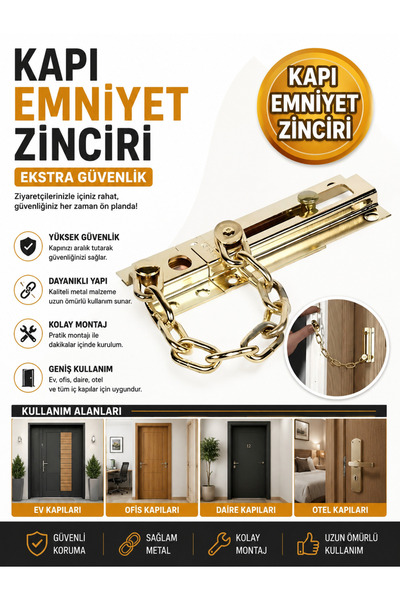 Sapcı Kapı Emniyet Zinciri Sarı Renkli – Çelik Zincirli Güvenlik Kilidi, Ev O...