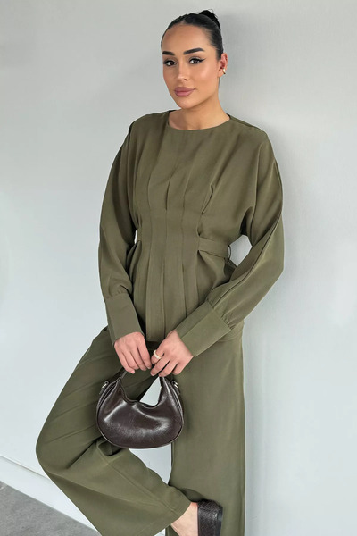 Aryena Khaki Women's Pleated Belted Blouse and Elastic Waist Pants Two-Piece Set