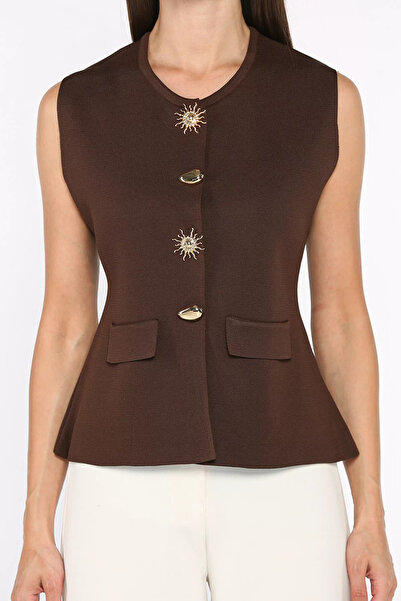 Aryena Brown Women's Gold Buttoned Knitwear Vest