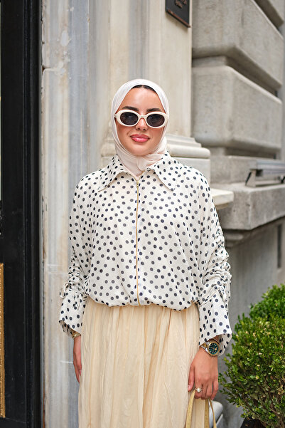 LOCCO Women's Polka Dot Detail Shirt Collar Zipper Jacket White