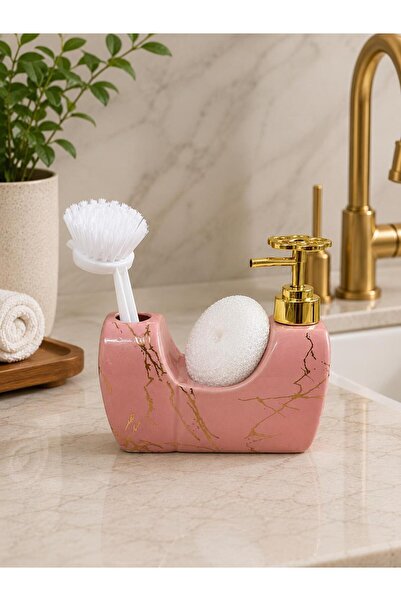 ALBETTO 342 Pink Marble Patterned Porcelain Liquid Soap Dispenser with Brush ...
