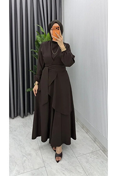 BETES Women's Hijab Bitter Brown Crepe Fabric Hanzade Model Trousers Tunic Set