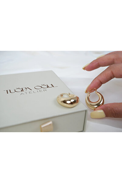 ATELİER TUĞBA Kp655 Bombeli Gold Hoop Earrings (Length 33 mm)