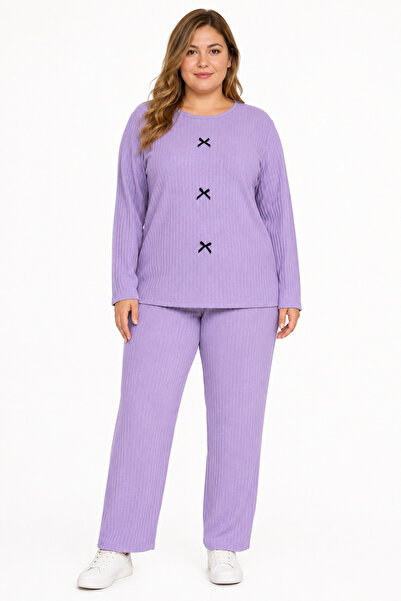 FAMES PİJAMA Plus size ribbed knit seasonal purple pajama set