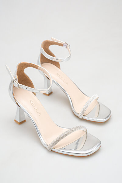 Rella Silver Metallic Stone Detailed Thin Heeled Ankle Strap Evening Dress Sa...