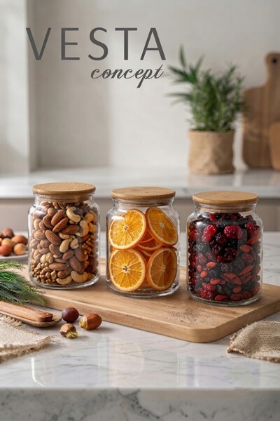 VESTA Concept 3 Pieces of Airtight Natural Bamboo Glass Jars with Lids - Set ...
