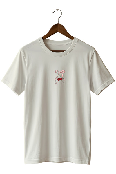 remonz Minimal Cherry and Bow Print Unisex T-Shirt Cotton Crew Neck Basic T-S...