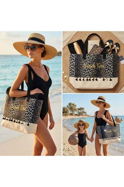 mucize Women's Leopard Patterned "Beach Time" Gold Embroidered Beach Bag - Ta...