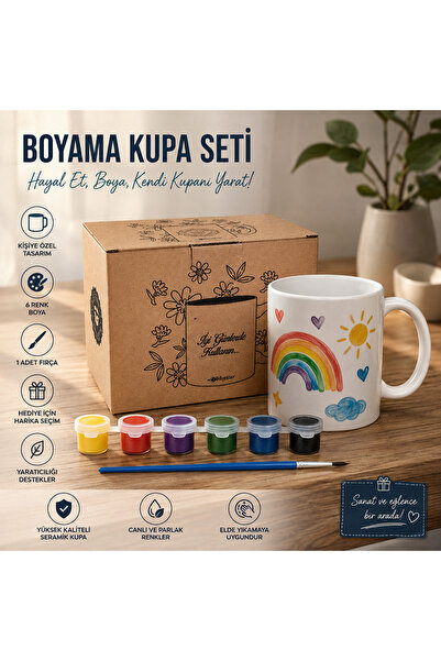 Kişiye Özel Boyama Kupa Seti – Seramik Kupa, 6 Renk Boya ve Fırça Dahil, Kendin Tasarla Boyama Hobi Seti