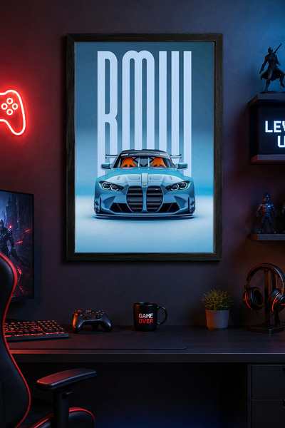 Charmbi Poster cu ramă din lemn albastru ceresc BMW, cadou, pictură murală, i...