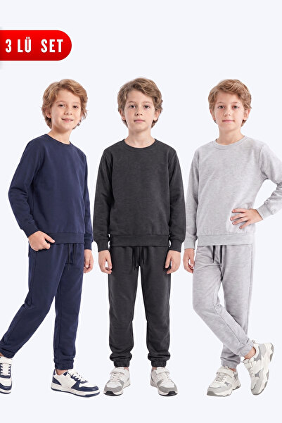 FYK KİDS 3-Piece Boys' Plain Crew Neck Double Pocket Tracksuit Set