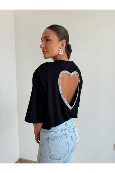 My Blog Black T-Shirt with Stone Back and Heart Decolletage and Padding - T4122