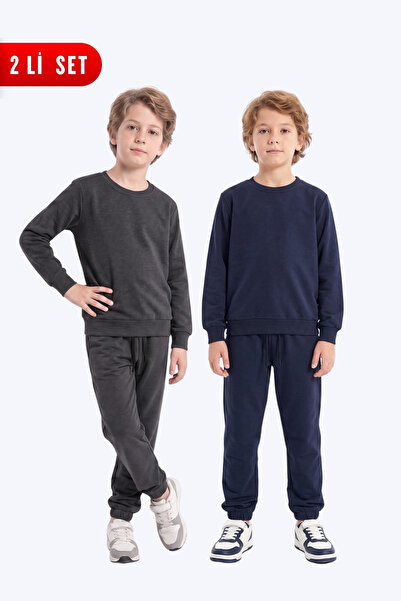 FYK KİDS 2-Piece Boys' Plain Crew Neck Double Pocket Tracksuit Set