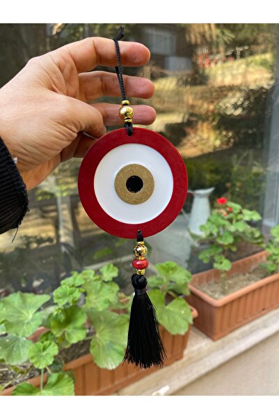 Kırmızı Nazarlık Duvar Kolyesi Boncuklu Püsküllü El Yapımı 8,5 x 25 cm.