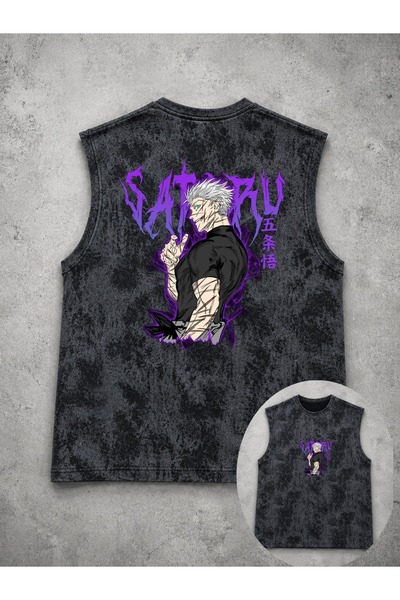 classy moda Unisex Black Washed Tank Top with Anime Characters Printed on the...