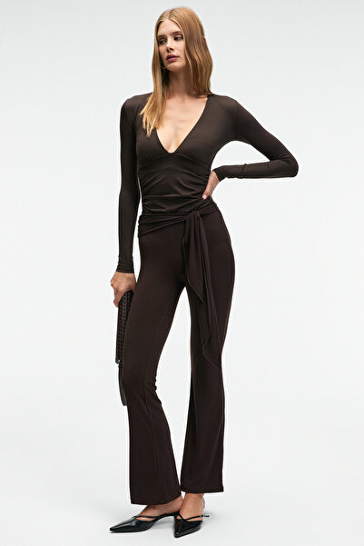 ETHIQUET Ayshur Women's Stretchy Fabric Wide Leg Slim Fit Dark Brown Pants wi...