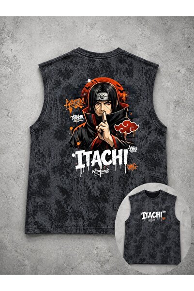 classy moda Unisex Black Washed Sleeveless Tank Top with Anime Print on the Back