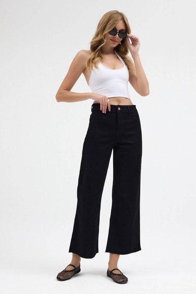 Ucajean Uca Jeans Women's Black High Waist Cut-Off Wide Leg Jeans